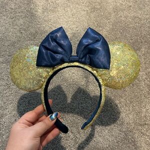 Disney 50th anniversary Gold Glitter Mouse Ears Headband with Navy Bow